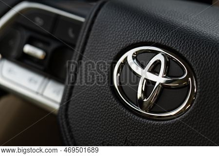 Moscow, Russia - December 11, 2021 Toyota Land Cruiser 300 (j300) Steering Wheel Close Up View. Toyo