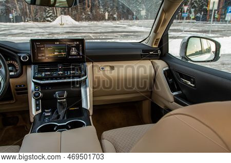 Moscow, Russia - December 11, 2021 Toyota Land Cruiser 300 (j300), Interior View. Luxury Crossover S