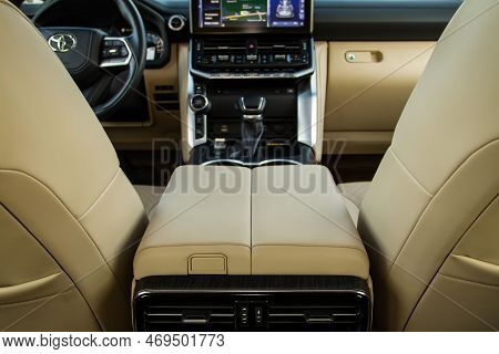 Moscow, Russia - December 11, 2021 Toyota Land Cruiser 300 (j300) Armrest In The Car For Driver. Car