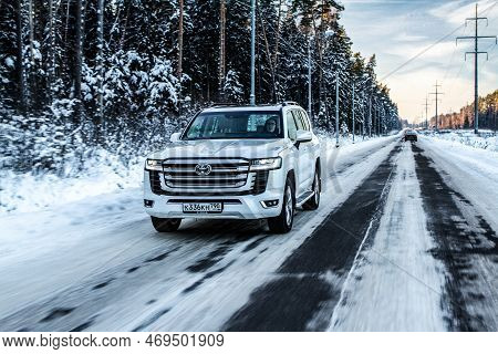 Moscow, Russia - December 11, 2021 Toyota Land Cruiser 300 Premium (j300), Modern Suv. Exterior Fron
