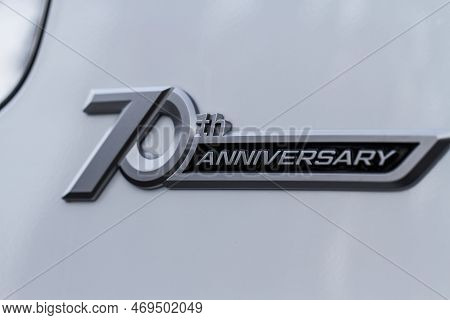 Moscow, Russia - December 11, 2021 Toyota Land Cruiser 300 (j300) Toyota Badge On The Car. Car Body 