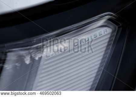 Moscow, Russia - December 11, 2021 Toyota Land Cruiser 300 (j300) Model Headlight Lamp. Close Up Det