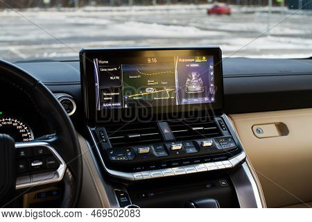 Moscow, Russia - December 11, 2021 Toyota Land Cruiser 300 (j300), Interior View. Interior Close Up 