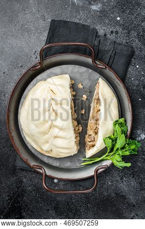 National Korean Fast Food - Steamed Pies Pyan-se Pyanse With Vegetable And Meat. Black Background. T