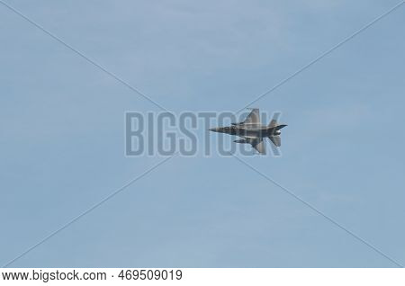 Nakhon Pathom, Thailand - January 14, 2023 : Military F16 Fighter Jet  Flying Through The Air Of Roy