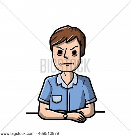 Angry Man Sit With Crossed Arms. Negative Gesture And Discontent. Bad Emotions. Grumpy Guy And Unple