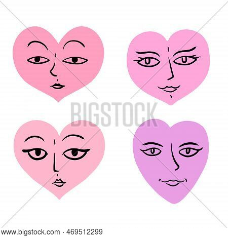 Hand-drawn Heart. Pink Symbol Of Romance With Face And Eyes. Set Of Doodle Relationships, Romance An