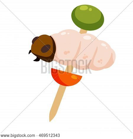 Edible Larva. Eating Caterpillar On Skewer. Asian Snack And Street Fast Food. Source Of Insect Prote