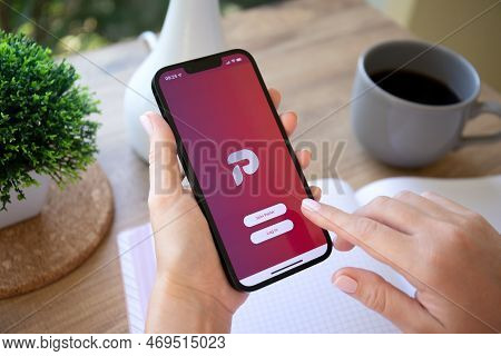 Alanya, Turkey - October 20, 2022: Woman Hand Holding Apple Iphone 14 With Social Networking Service