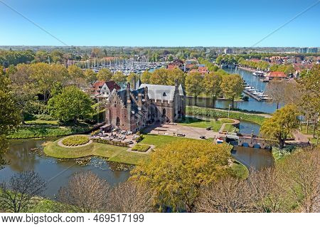 Aerial From The City Medemblik With The Radboud Castle In The Netherlands