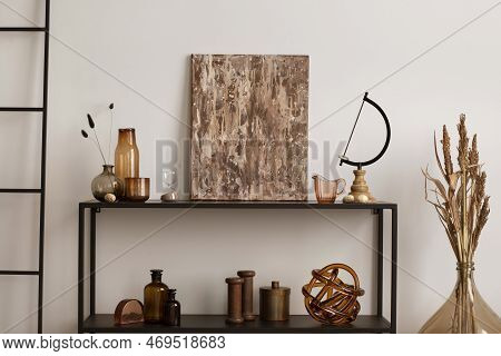 Creative Composition Of Living Room Interior With Mock Up Poster Frame, Sculptures, Simple Consola, 