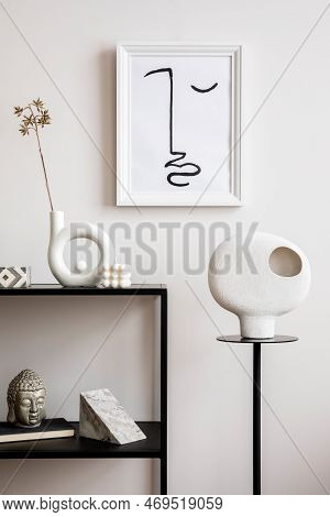 Aesthetic Interior Of Living Room With Mock Up Poster Frame, White Wall, Round Stand, Vase With Drie