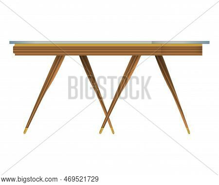 Glass Tabletop Wood Table Three-quarter View In Realistic Style. Transparent Table Top. Home Wooden 