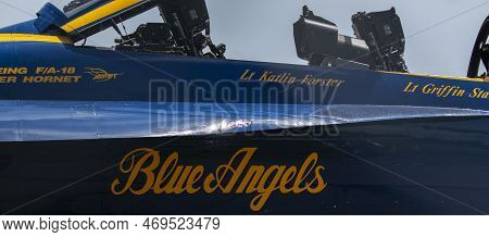 Farmingdale, New York, Usa - 26 May 2022: Looking At Lt Katlin Forster Us Navy Blue Angels Jet With 