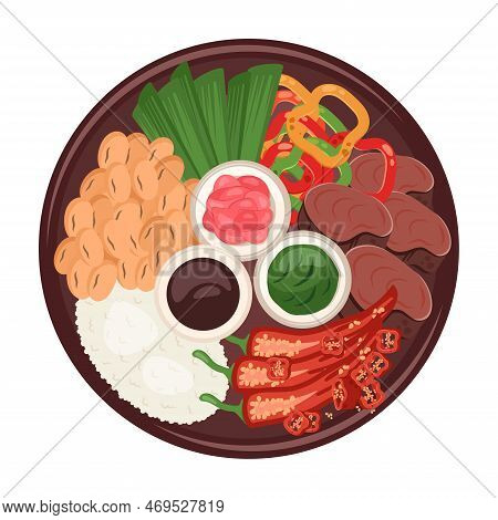 Chinese, Korean, Japanese Food. Traditional Oriental Dish Closeup With  Rice, Meat, Chilli Pepper, S