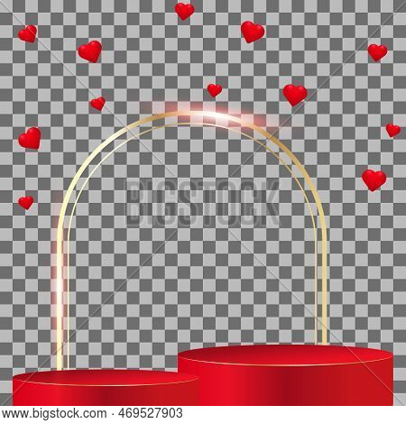 A Red Podium With A Golden Arch And Glass Hearts On A Transparent Background. Beautiful Vector Illus
