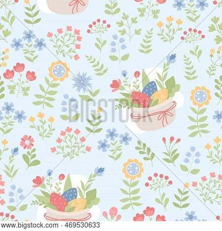 Easter Floral Seamless Pattern. Decorative Flowers And Basket Of Easter Eggs On Light Blue Backgroun