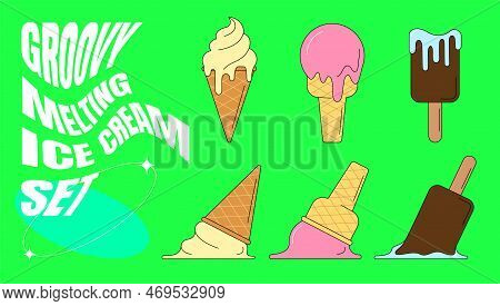 Retro Groovy Style Ice Cream Cone Set. Hippie Melting Plombir Collection. Vintage Hippy Various Melt