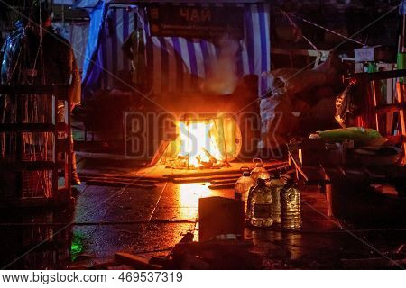 Kyiv, Ukraine - January 06, 2014: Night View Of The Euromaidan Camp In Center Of Kyiv.