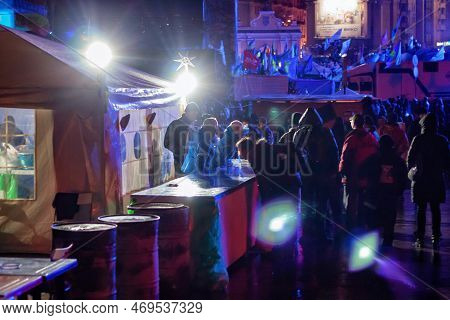 Kyiv, Ukraine - January 06, 2014: Night View Of The Euromaidan Camp With Unknowns People In Center O