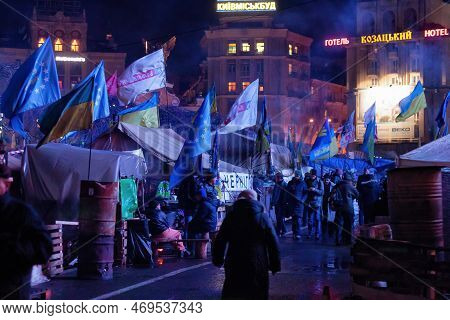 Kyiv, Ukraine - January 06, 2014: Night View Of The Euromaidan Camp With Unknowns People In Center O