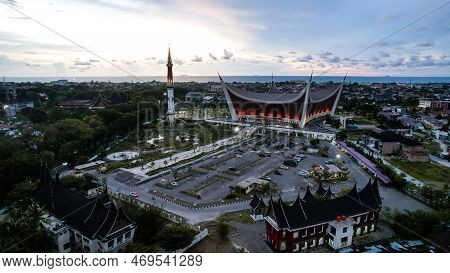 Aerial View Of The Great Mosque Of West Sumatera, The Biggest Mosque In West Sumatera. With A Unique