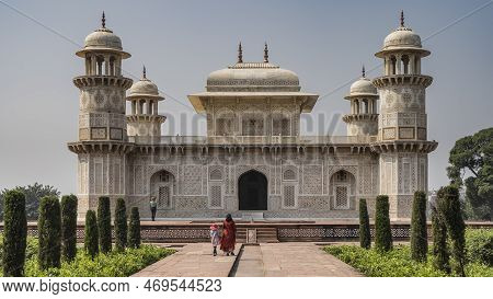 The Ancient Marble Mausoleum Of Itmad-ud-daula Against The Blue Sky. Domes, Minarets, Towers, Openwo