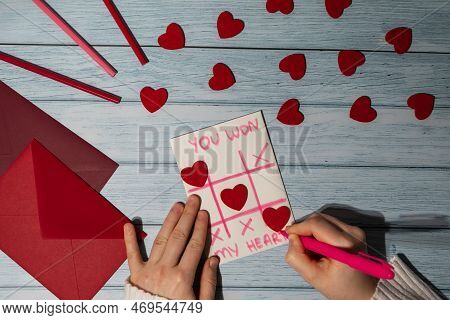 Valentines Day. Instructions For Making Valentine Cards. Text You Won My Heart And Tic Tac Toe Game 
