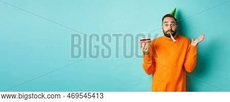Happy Birthday Guy Celebrating, Wearing Party Hat, Blowing Wistle And Holding Bday Cake, Standing Ag