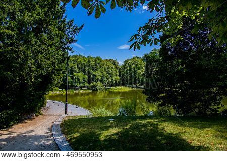 Beautiful Summer Landscape With A Pond Saski Garden Warsaw Poland Green Trees Warm Day