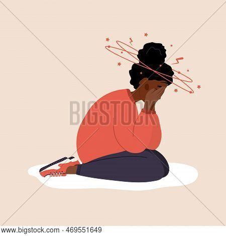 Iron Deficiency Anemia. Sad African Woman With Headache Sitting On Floor. Unhappy Girl Suffers From 