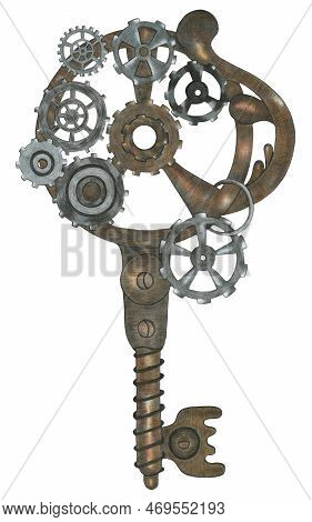 Colorful Steampunk Key Hand Drawn Illustration. Key Drawn By Color Pencils.