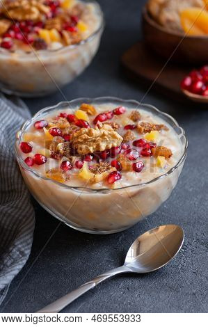 Traditional Turkish Delicious Mixed Dessert, Ashura (asure) With Pomegranate Seeds, Walnut, Apricot,