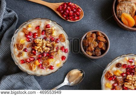 Traditional Turkish Delicious Mixed Dessert, Ashura (asure) With Pomegranate Seeds, Walnut, Apricot,
