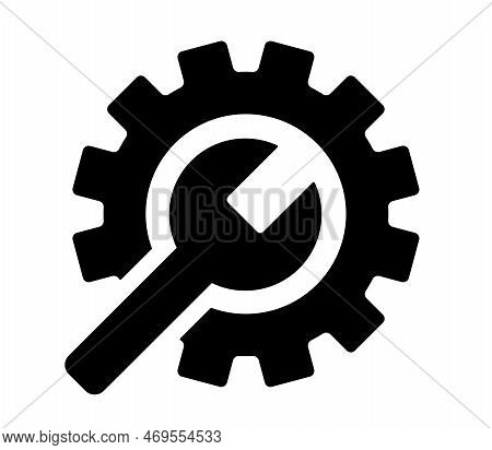 Monochrome Icon. Isolated Black Gears With Wrench. Vector Illustration