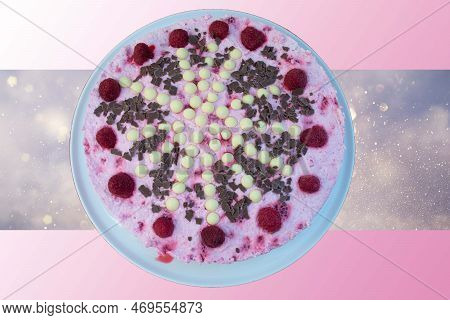 Rasperry Cake With Cream And White Chocolate On Wooden Board