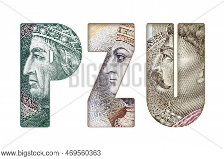 Inscription Pzu (insurance Company) Made Of Polish Banknotes Isolated On White.