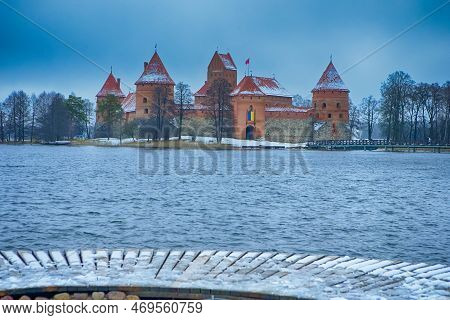 Lithuania Travel Ideas. Trakai Medieval Castle With Towers Of Red Bricks In Lithuania.
