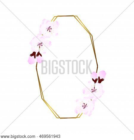 Gold Frame With Soft Pink Flowers. Wedding Invitation Template. Vector Illustration. A Wreath Of Che