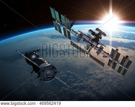 International Space Station Iss Orbiting Over Earth. 3d Illustration. 3d Rendering Background.