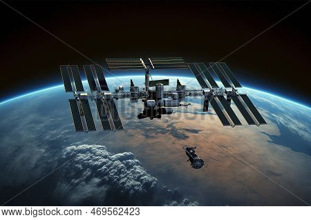 International Space Station Iss Orbiting Over Earth. 3d Illustration. 3d Rendering Background.
