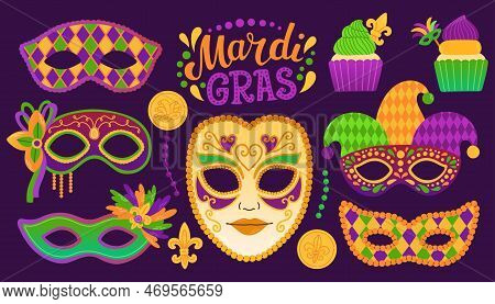 Mardi Gras Set Carnival Party Elements. Fat Tuesday, Carnival, Festival. Greeting Card, Banner, Gift