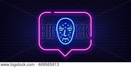 Neon Light Speech Bubble. Face Biometrics Line Icon. Facial Recognition Sign. Head Scanning Symbol. 