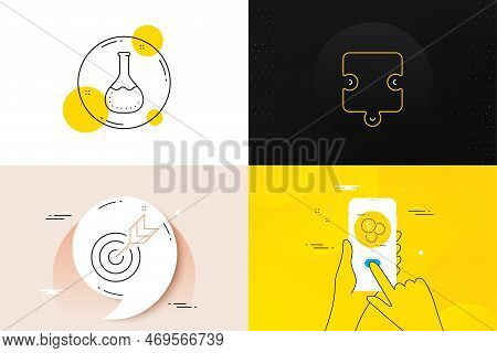 Minimal Set Of Target, Money Currency And Chemistry Lab Line Icons. Phone Screen, Quote Banners. Puz