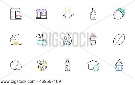 Coffee Beans, Boiling Pan And Fast Food Line Icons For Website, Printing. Collection Of Market, Wate