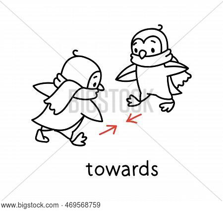Preposition Of Movement. Penguins Go Towards Each Other