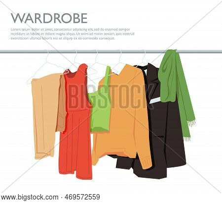 Web Landing Page Template With Wardrobe Stuff. Closet Wardrobe Furniture Inside. Various Trendy Clot