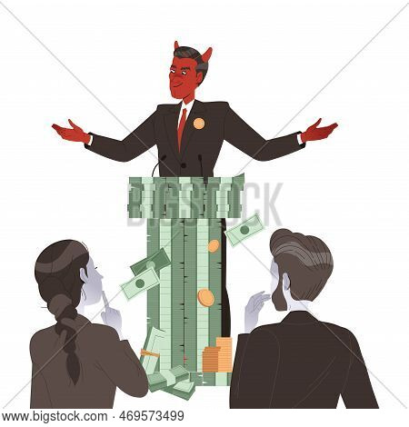 Bribery And Corruption With Man Politician Character Speaking From Tribune Of Money Pile Vector Illu