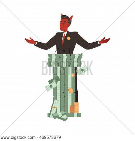 Bribery And Corruption With Man Politician Character Speaking From Tribune Of Money Pile Vector Illu