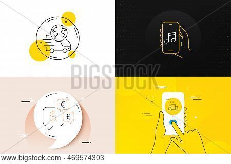 Minimal Set Of Delivery Service, Boxes Pallet And Music App Line Icons. Phone Screen, Quote Banners.